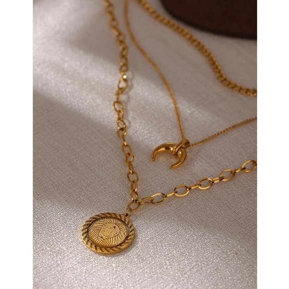 NEW 18K Gold Plated Lion Coin Horn Moon Triple Layer Link Chain Necklace - Picture 7 of 8
